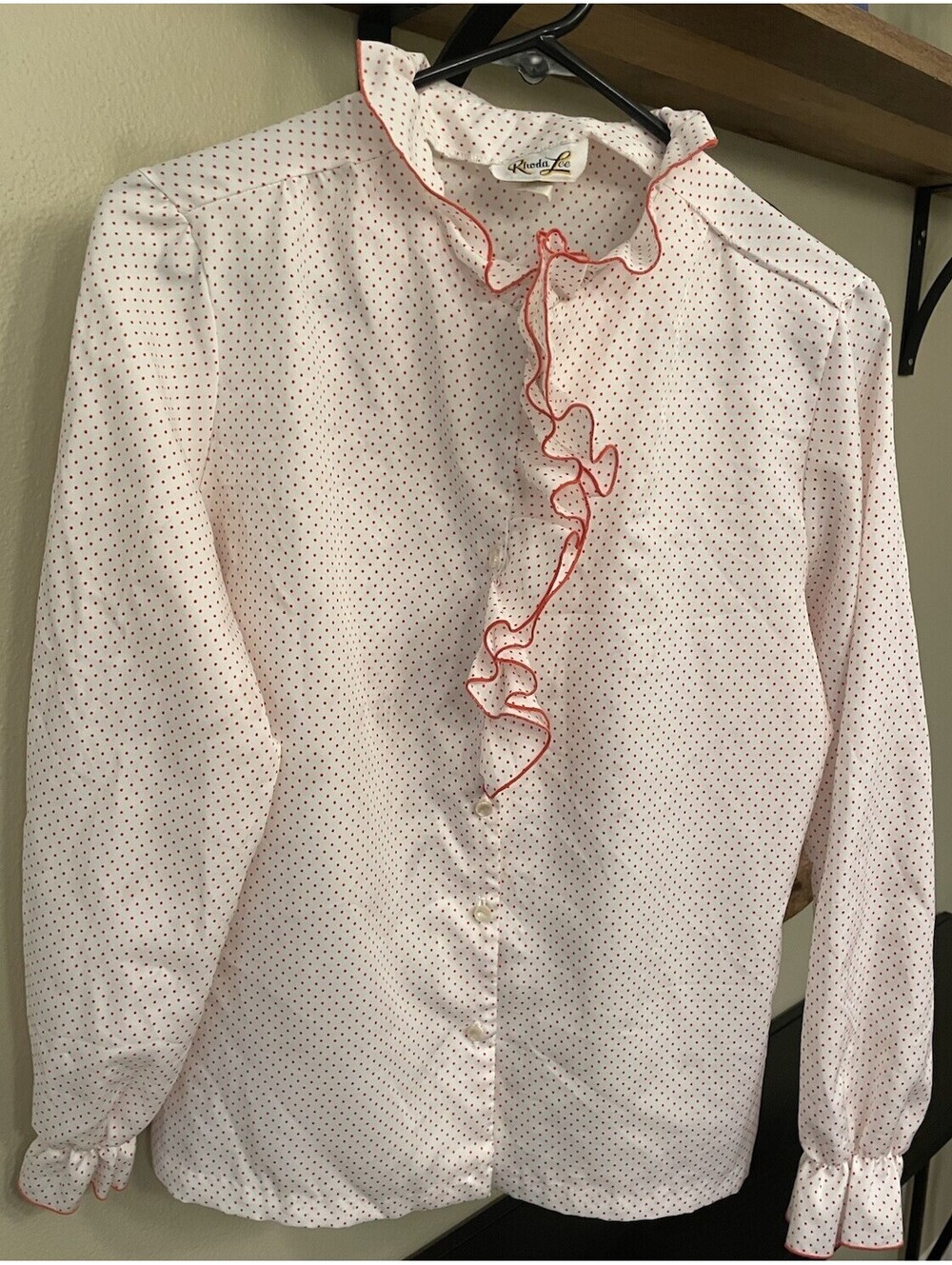 Vintage Rhoda Lee Red and White Polka Dot High Ruffle Blouse Size 14
